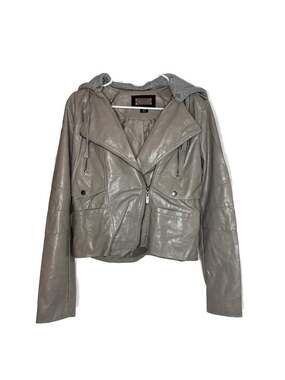 Jou Jou Grey Vegan Leather Hooded Moto Jacket NWT